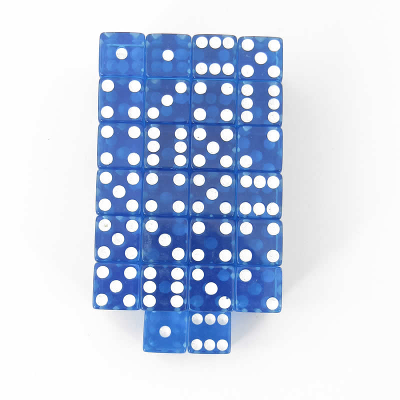 WKP01841E50 Blue Transparent Dice White Pips D6 12mm Pack of 50 (ONLINE ORDER ONLY)