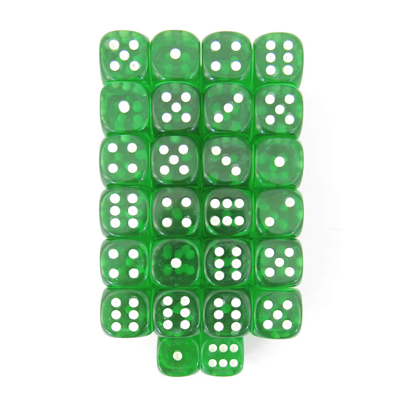 WKP01881E50 Green Transparent Dice Glow in the Dark Pips D6 16mm Pack of 50 (ONLINE ORDER ONLY)