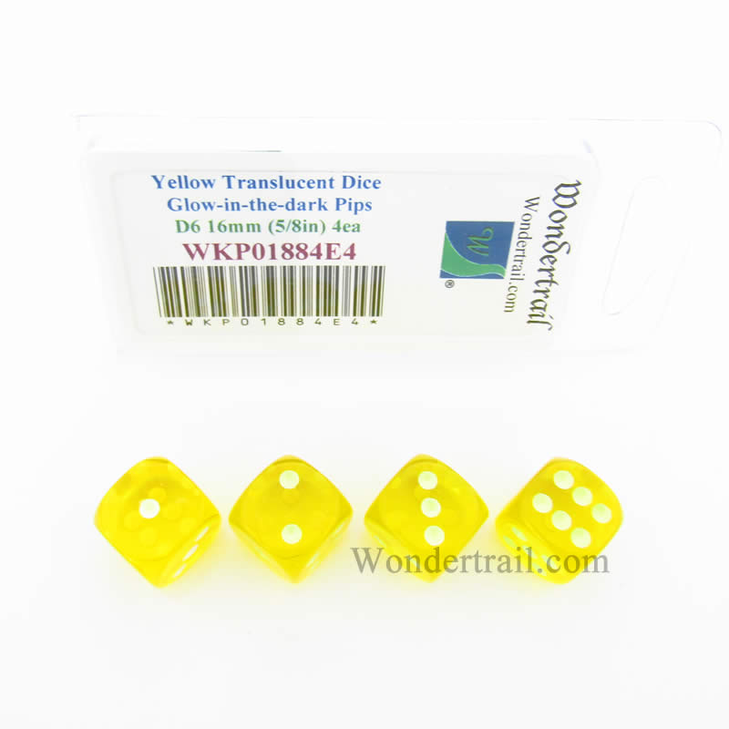 WKP01884E4 Yellow Transparent Dice Glow in the Dark Pips D6 16mm Pack of 4 (ONLINE ORDER ONLY)