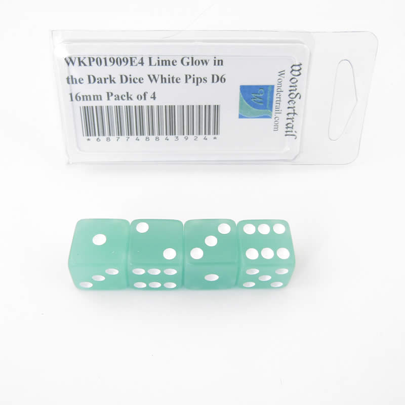 WKP01909E4 Lime Glow in the Dark Dice White Pips D6 16mm Pack of 4 (ONLINE ORDER ONLY)
