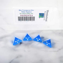 WKP02397E4 Blue Transparent Dice White Numbers D4 16mm Pack of 4 (ONLINE ORDER ONLY)