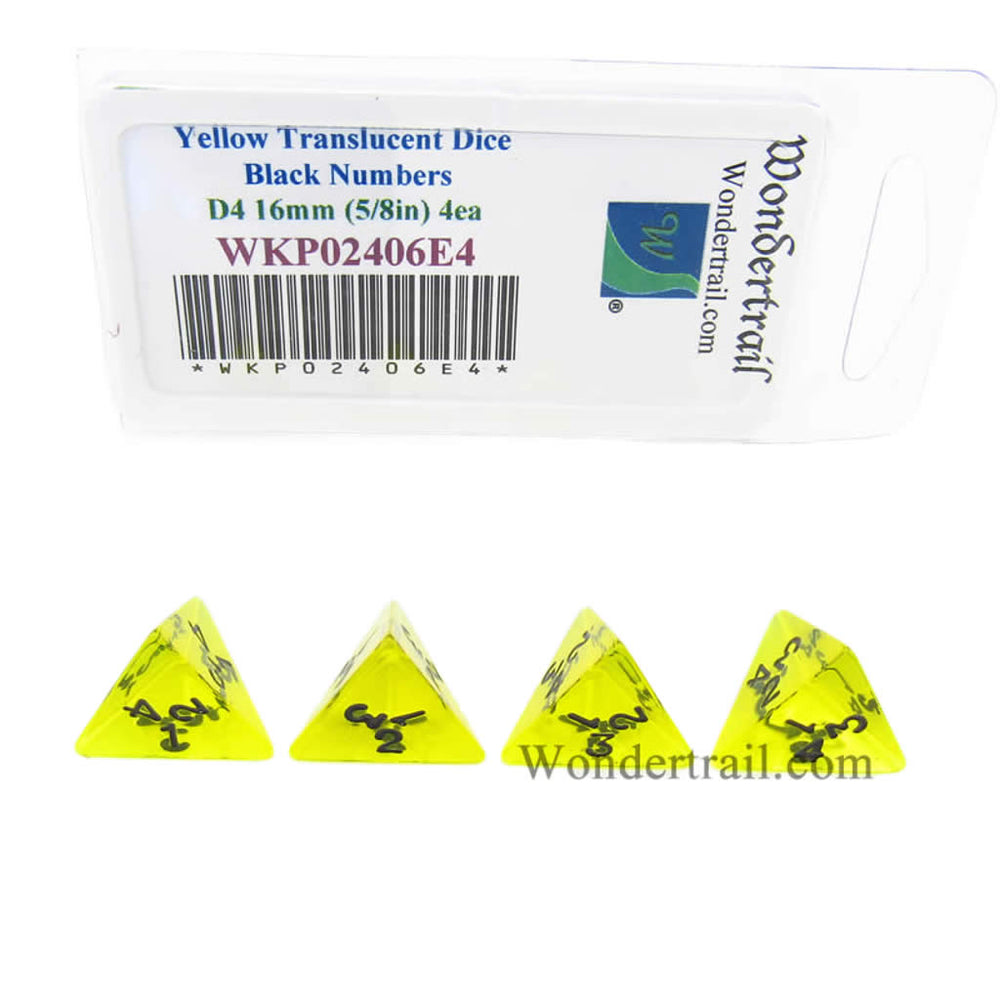 WKP02406E4 Yellow Transparent Dice Black Numbers D4 16mm Pack of 4 (ONLINE ORDER ONLY)