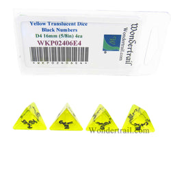 WKP02406E4 Yellow Transparent Dice Black Numbers D4 16mm Pack of 4 (ONLINE ORDER ONLY)