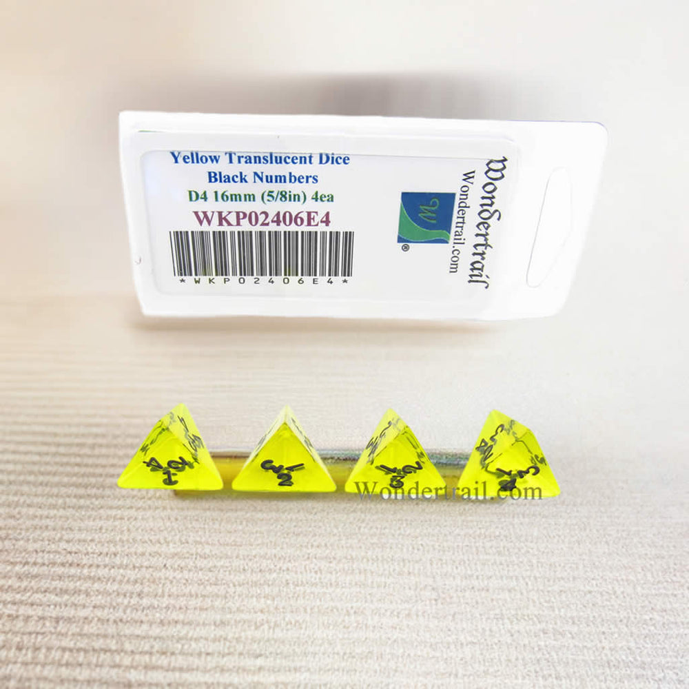 WKP02406E4 Yellow Transparent Dice Black Numbers D4 16mm Pack of 4 (ONLINE ORDER ONLY)