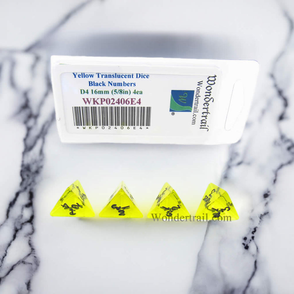 WKP02406E4 Yellow Transparent Dice Black Numbers D4 16mm Pack of 4 (ONLINE ORDER ONLY)