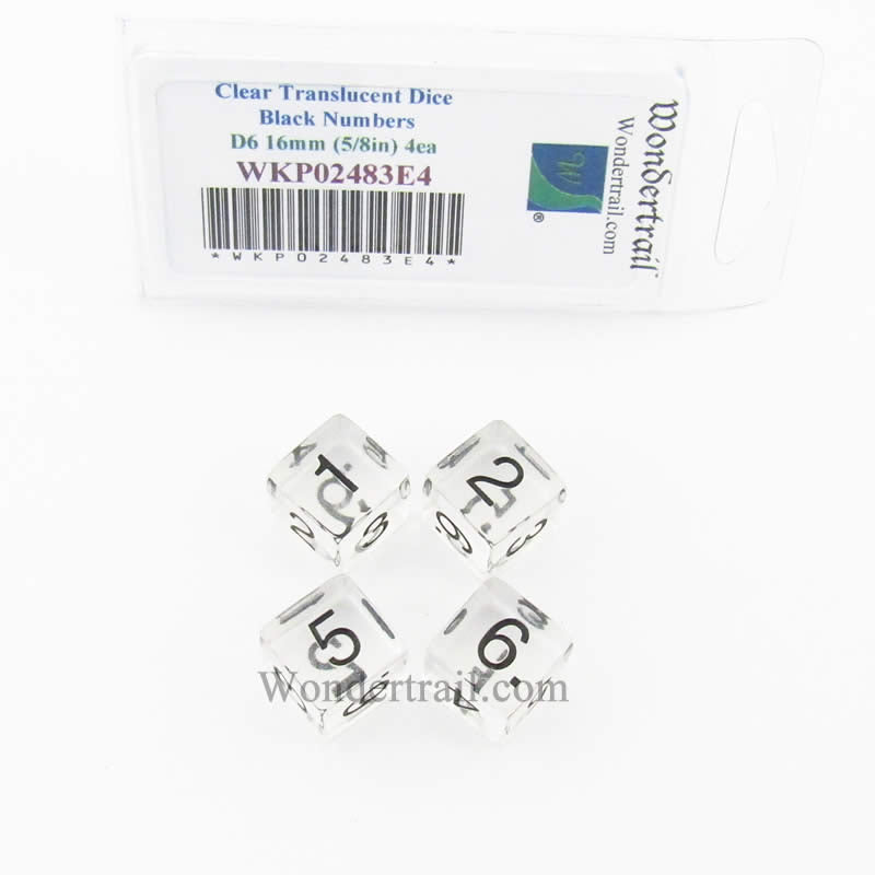 WKP02483E4 Clear Transparent Dice Black Numbers D6 16mm Pack of 4 (ONLINE ORDER ONLY)