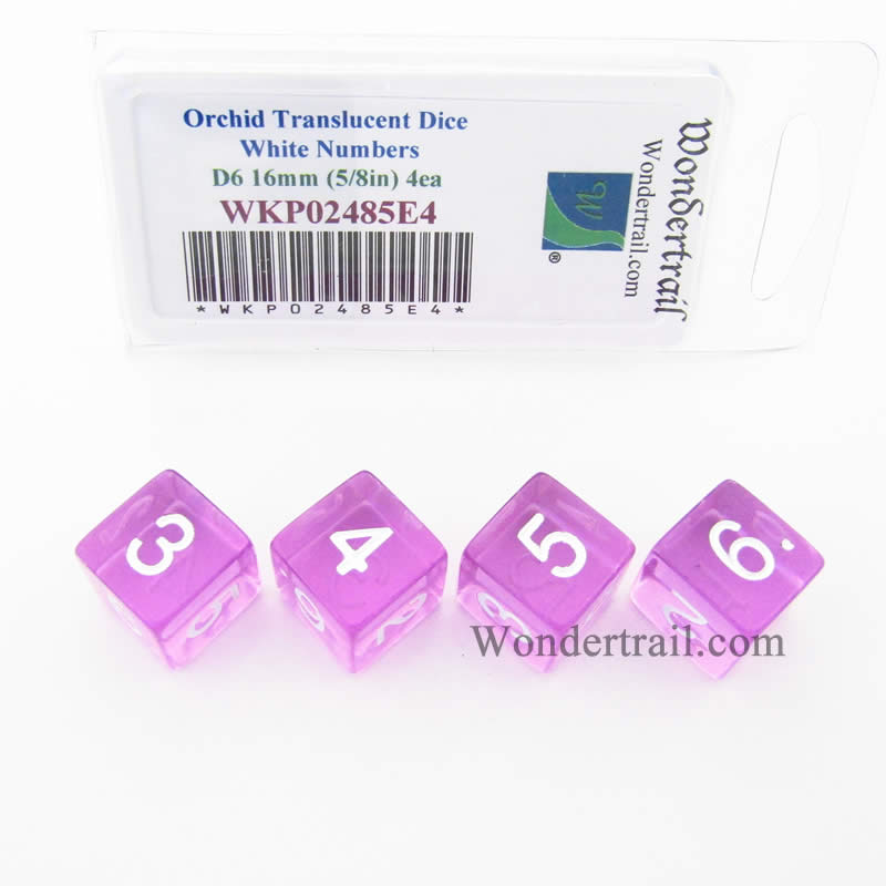 WKP02485E4 Orchid Transparent Dice White Numbers D6 16mm Pack of 4 (ONLINE ORDER ONLY)