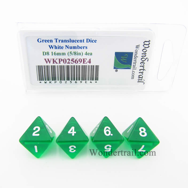 WKP02569E4 Green Transparent Dice White Numbers D8 16mm Pack of 4 (ONLINE ORDER ONLY)