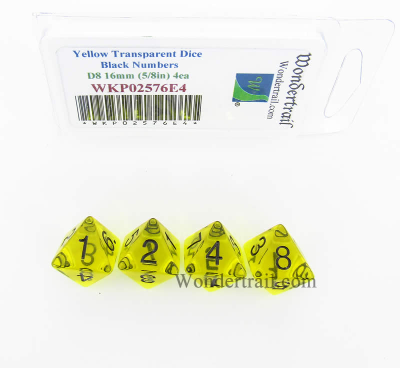 WKP02576E4 Yellow Transparent Dice Black Numbers D8 16mm Pack of 4 (ONLINE ORDER ONLY)