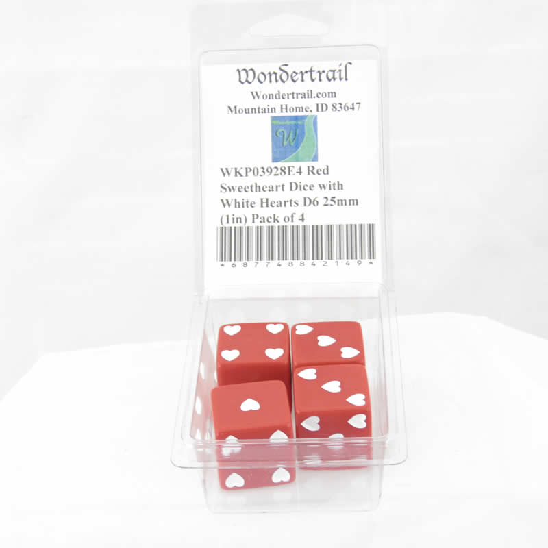 WKP03928E4 Red Sweetheart Dice with White Hearts D6 25mm (1in) Pack of 4