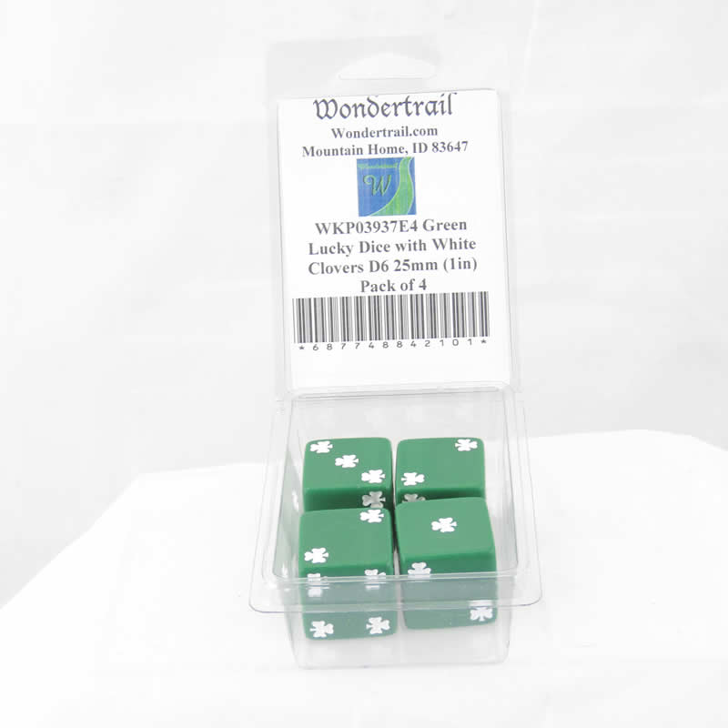 WKP03937E4 Green Lucky Dice with White Clovers D6 25mm (1in) Pack of 4 (ONLINE ORDER ONLY)