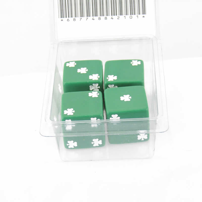 WKP03937E4 Green Lucky Dice with White Clovers D6 25mm (1in) Pack of 4 (ONLINE ORDER ONLY)