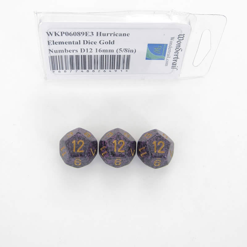 WKP06089E3 Hurricane Elemental Dice Gold Numbers D12 16mm Pack of 3 (ONLINE ORDER ONLY)