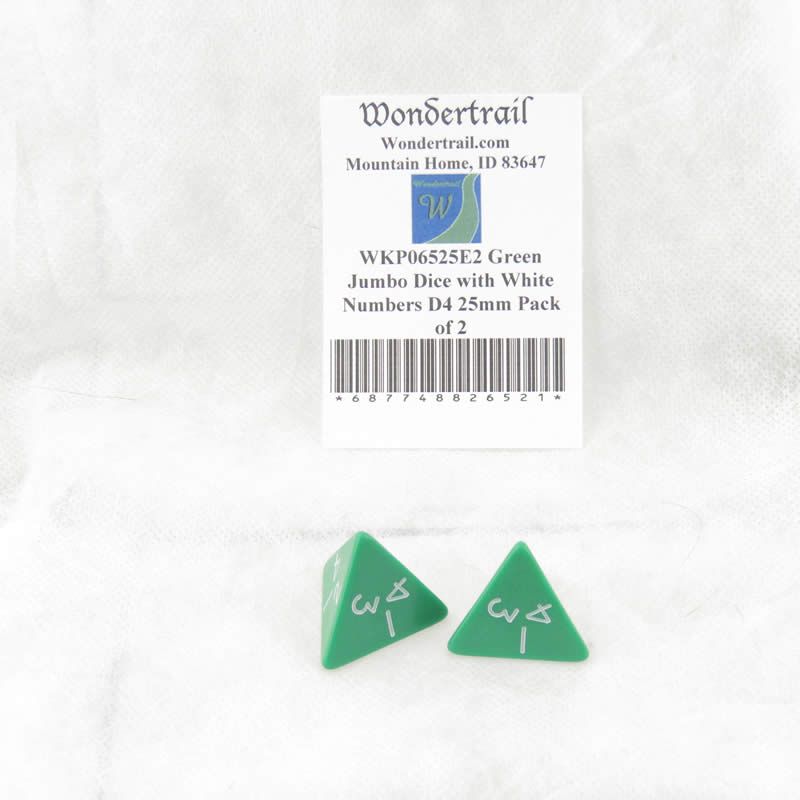 WKP06525E2 Green Jumbo Dice with White Numbers D4 25mm Pack of 2 (ONLINE ORDER ONLY)
