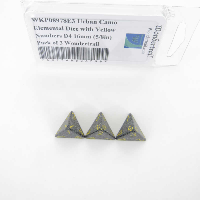 WKP08978E3 Urban Camo Elemental Dice Yellow Numbers D4 16mm Pack of 3 (ONLINE ORDER ONLY)