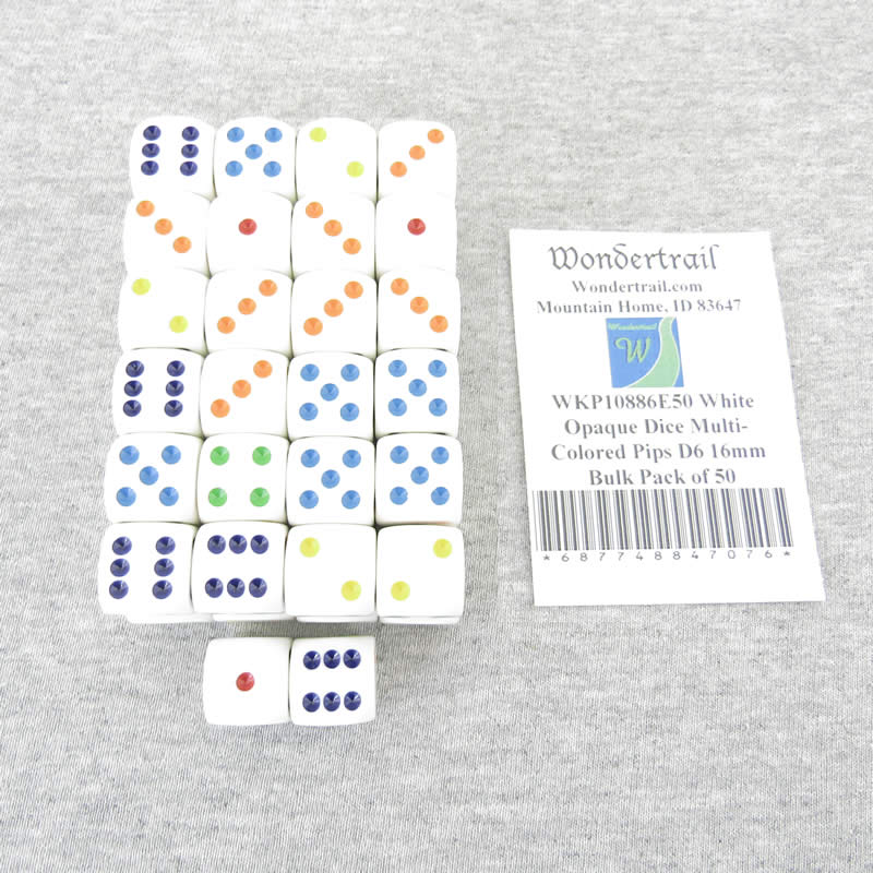 WKP10886E50 White Opaque Dice Multi-Colored Pips D6 16mm Bulk Pack of 50 (ONLINE ORDER ONLY)