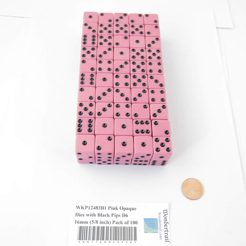 WKP12483B1 Pink Opaque Dice with Black Pips D6 16mm (5/8 inch) Pack of 100 (ONLINE ORDER ONLY)