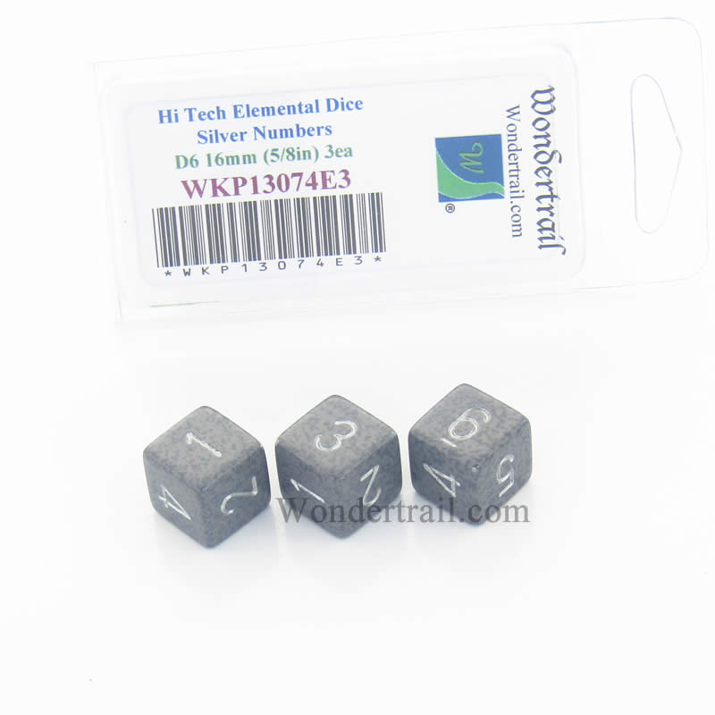 WKP13074E3 Hi Tech Elemental Dice Silver Numbers D6 16mm Pack of 3 (ONLINE ORDER ONLY)