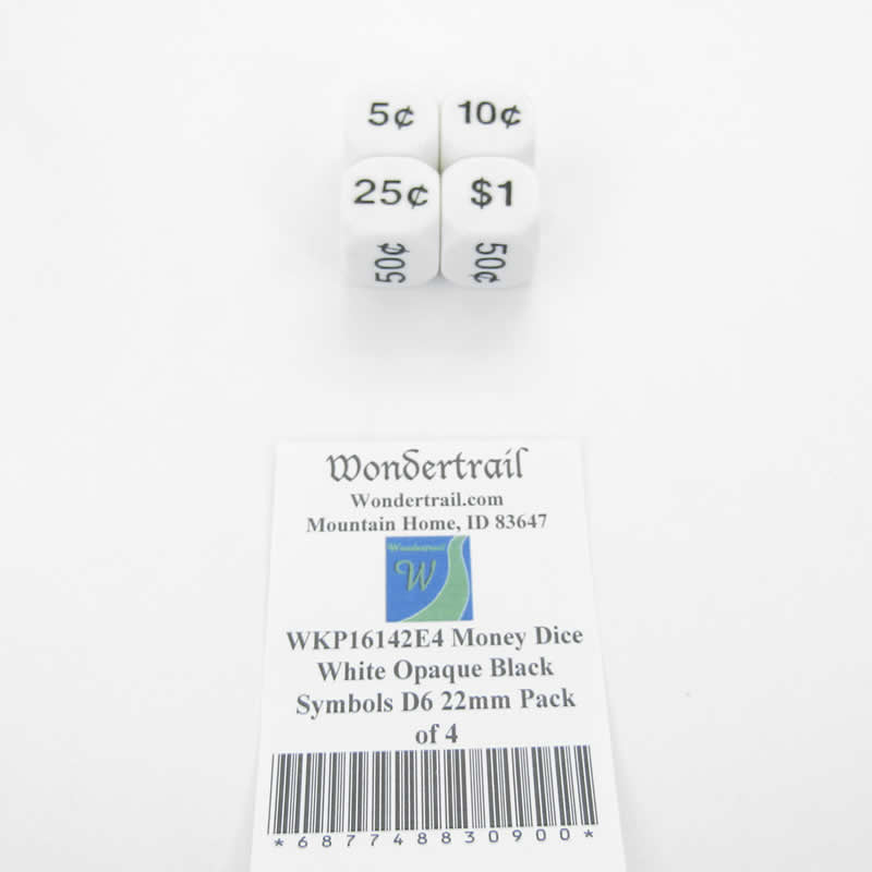 WKP16142E4 Money Dice White Opaque Black Symbols D6 22mm Pack of 4 (ONLINE ORDER ONLY)