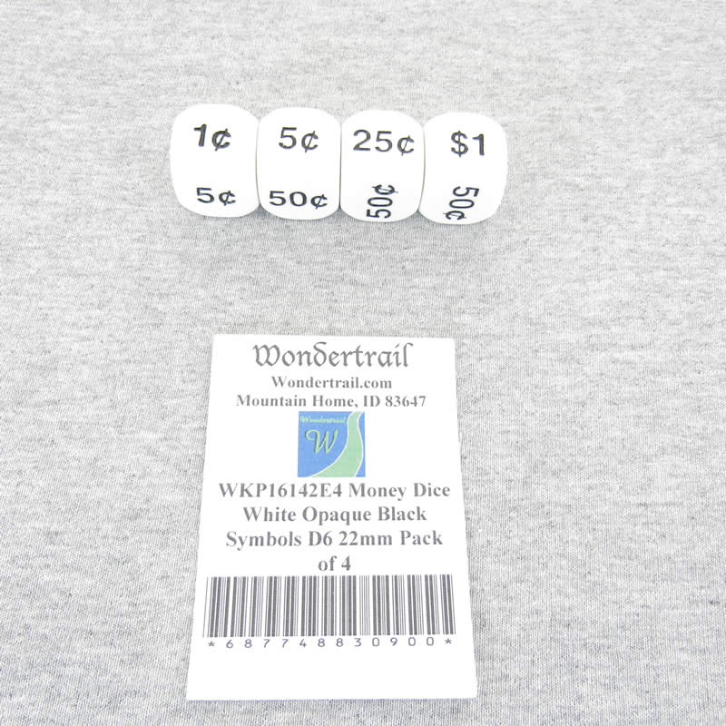 WKP16142E4 Money Dice White Opaque Black Symbols D6 22mm Pack of 4 (ONLINE ORDER ONLY)