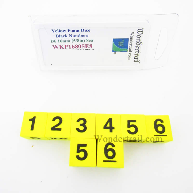 WKP16805E8 Yellow Foam Dice Black Numbers D6 16mm (5/8in) Pack of 8 (ONLINE ORDER ONLY)