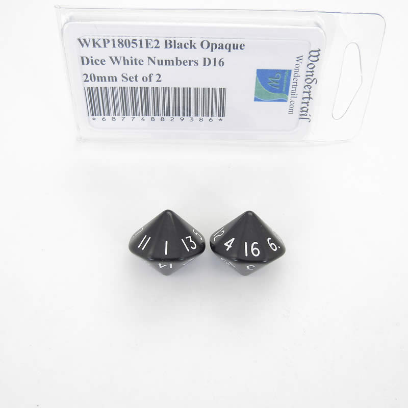 WKP18051E2 Black Opaque Dice White Numbers D16 20mm Set of 2 (ONLINE ORDER ONLY)