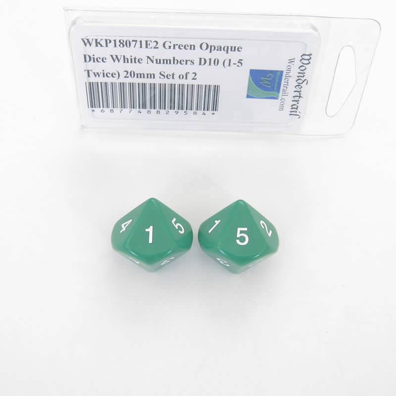 WKP18071E2 Green Opaque Dice White Numbers D10 (1-5 Twice) 20mm Set of 2 (ONLINE ORDER ONLY)