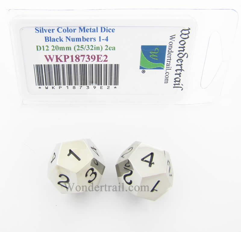 WKP18739E2 Metal Dice D12 Silver With Black Numbers 1-4 Three Times 20mm (25/32in) Pack of 2 (ONLINE ORDER ONLY)