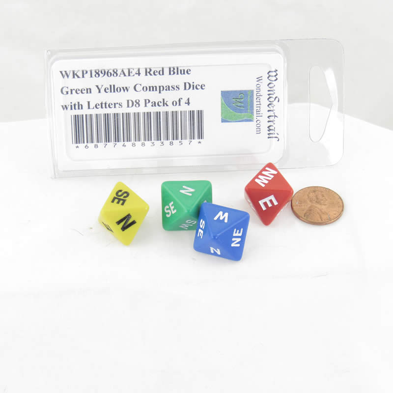 WKP18968AE4 Red Blue Green Yellow Compass Dice with Markings D8 16mm (5/8in) Pack of 4 (ONLINE ORDER ONLY)