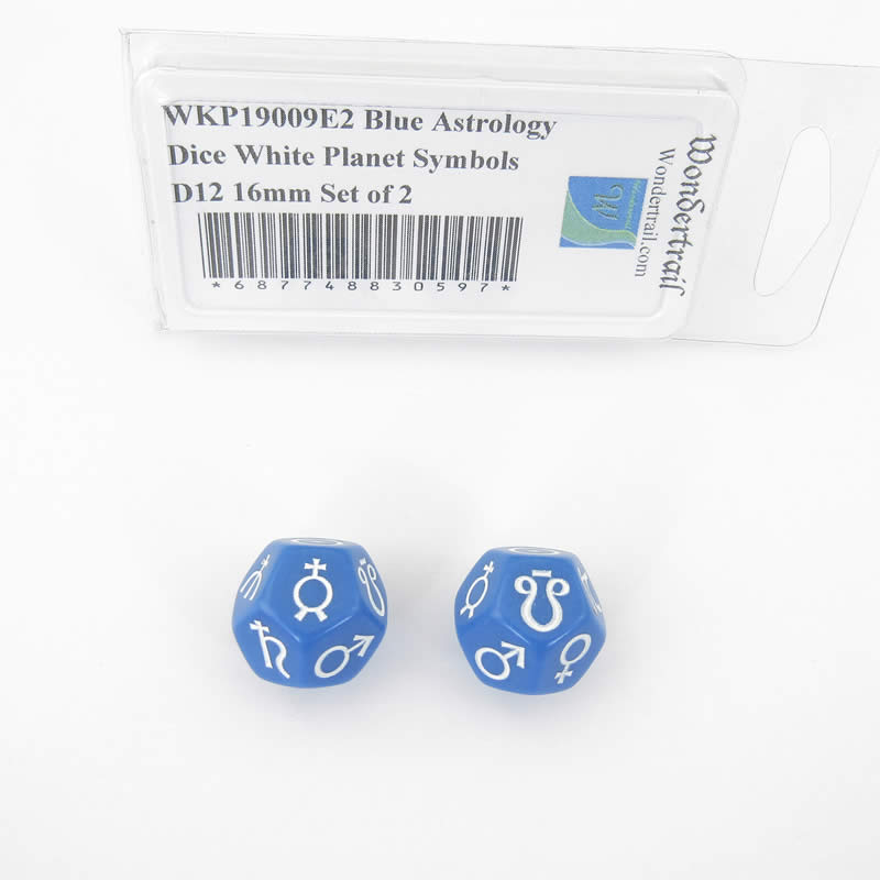 WKP19009E2 Blue Astrology Dice White Planet Symbols D12 16mm Set of 2 (ONLINE ORDER ONLY)