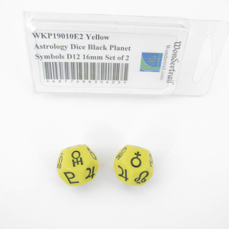 WKP19010E2 Yellow Astrology Dice Black Planet Symbols D12 16mm Set of 2 (ONLINE ORDER ONLY)