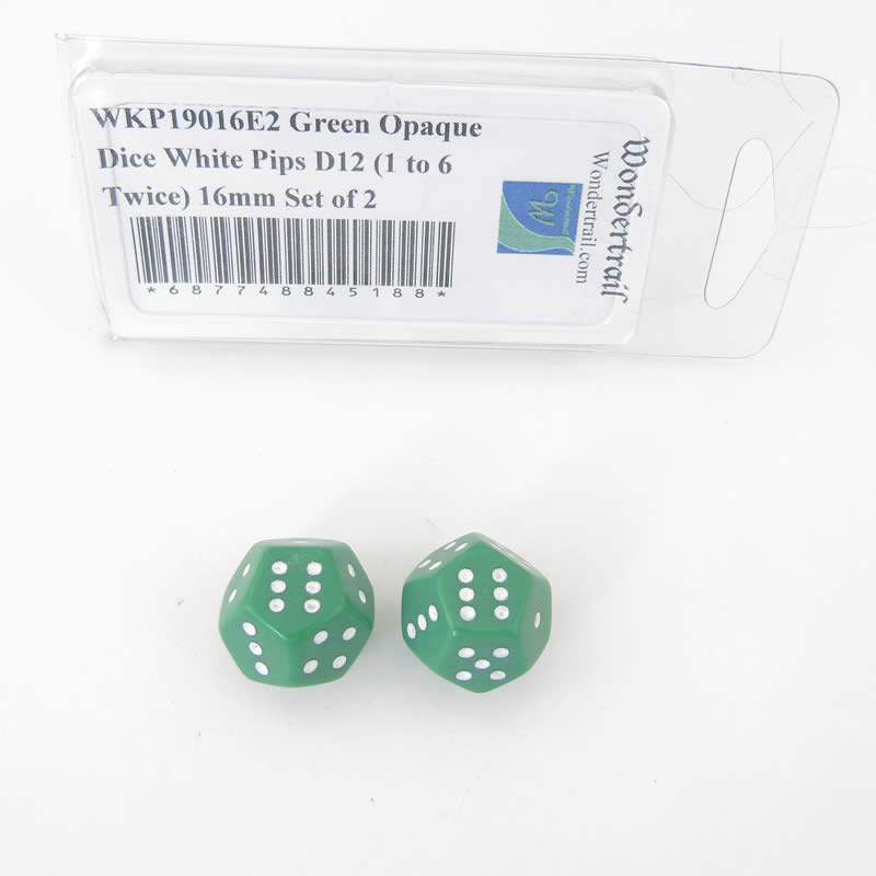 WKP19016E2 Green Opaque Dice White Pips D12 (1 to 6 Twice) 16mm Set of 2 (ONLINE ORDER ONLY)