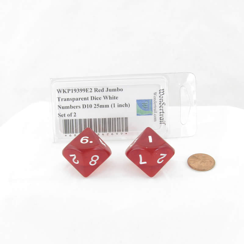 WKP19399E2 Red Jumbo Transparent Dice White Numbers D10 25mm (1 inch) Set of 2 (ONLINE ORDER ONLY)