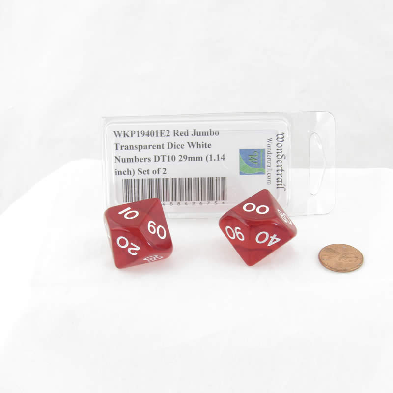 WKP19401E2 Red Jumbo Transparent Dice White Numbers DT10 29mm (1.14 inch) Set of 2 (ONLINE ORDER ONLY)
