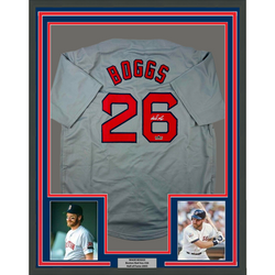 Framed Facsimile Autographed Wade Boggs 35x39 Boston Grey Reprint Laser Auto Baseball Jersey (ONLINE ORDER ONLY)
