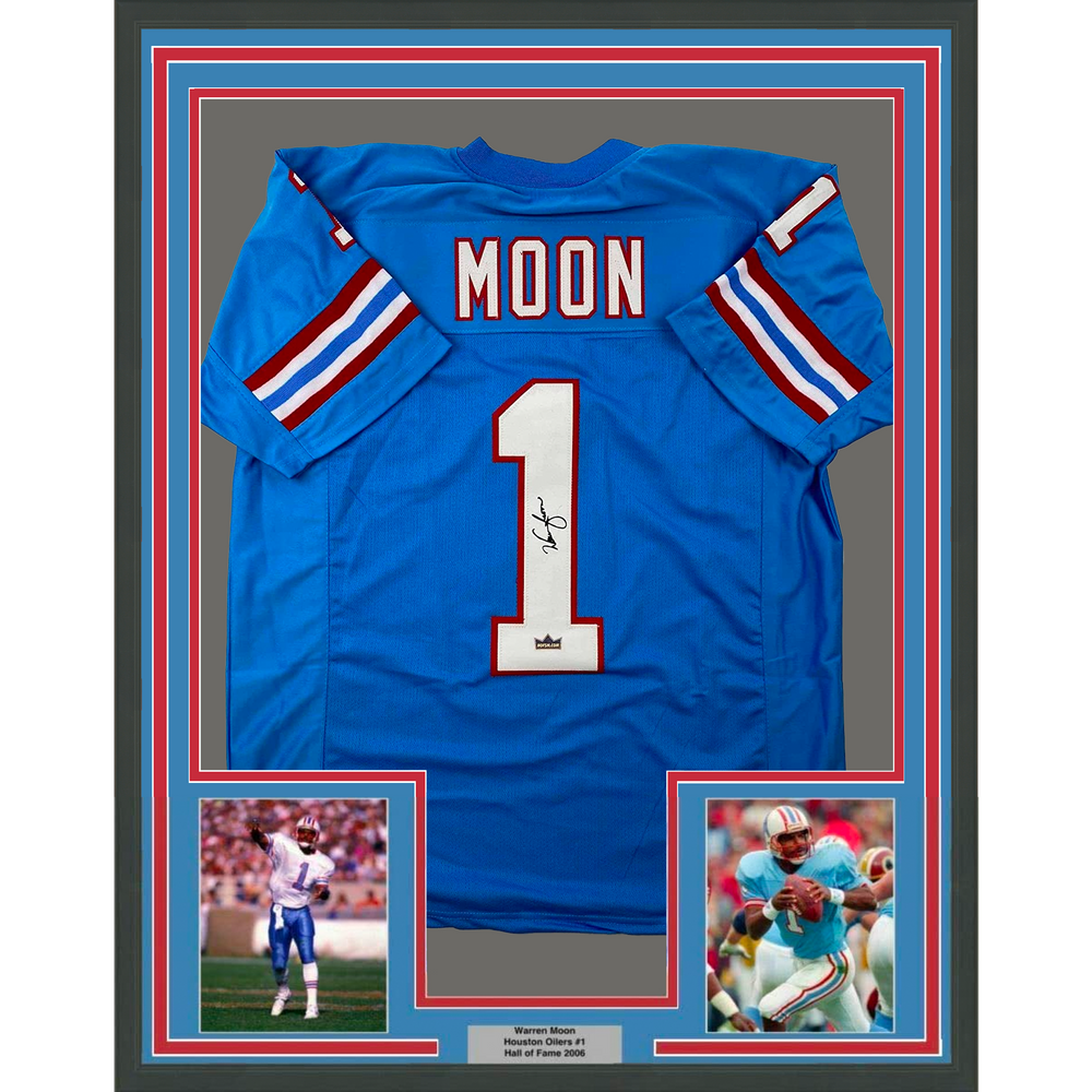 Framed Facsimile Autographed Warren Moon 35x39 Houston Blue Reprint Laser Auto Football Jersey (ONLINE ORDER ONLY)
