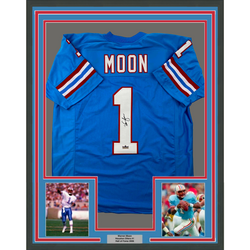Framed Facsimile Autographed Warren Moon 35x39 Houston Blue Reprint Laser Auto Football Jersey (ONLINE ORDER ONLY)