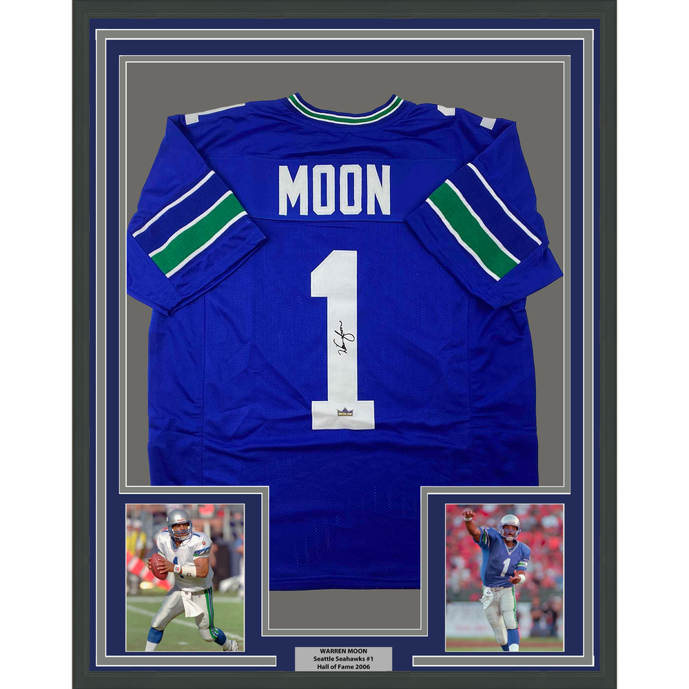 Framed Facsimile Autographed Warren Moon 35x39 Seattle Blue Reprint Laser Auto Football Jersey (ONLINE ORDER ONLY)
