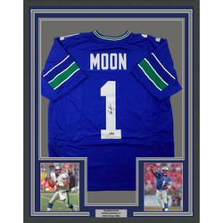 Framed Facsimile Autographed Warren Moon 35x39 Seattle Blue Reprint Laser Auto Football Jersey (ONLINE ORDER ONLY)
