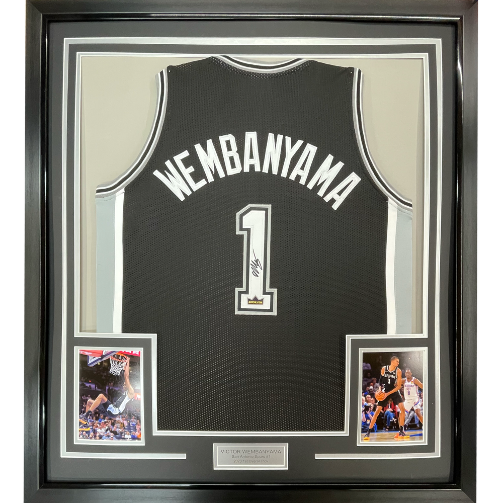 Framed Facsimile Autographed Victor Wembanyama 35x39 San Antonio Black Reprint Laser Auto Basketball Jersey (ONLINE ORDER ONLY)