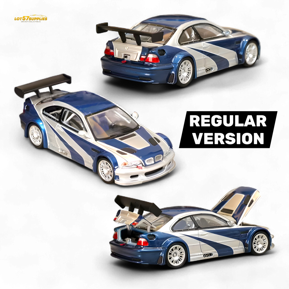 (Pre-Order) Ghost Player BMW E46 M3 GTR - Silver Blue Classic NFS Livery 1:64 (ONLINE ORDER ONLY)