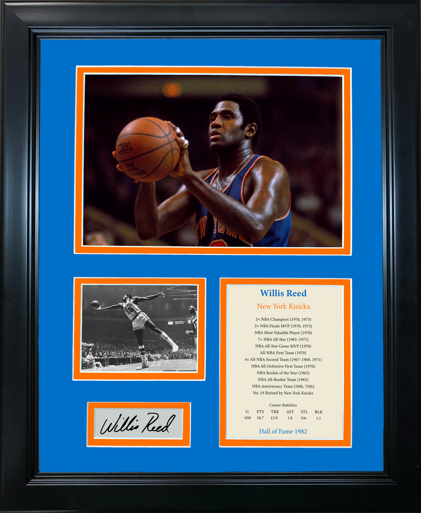 Framed Willis Reed Hall of Fame New York Knicks Facsimile Laser Engraved Signature Auto Basketball 11"x14" Photo Sig Collage (ONLINE ORDER ONLY)