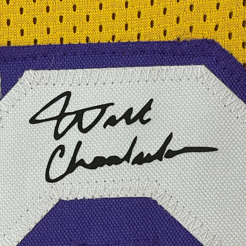 Framed Facsimile Autographed Wilt Chamberlain 35x39 Los Angeles LA Yellow Reprint Laser Auto Basketball Jersey (ONLINE ORDER ONLY)