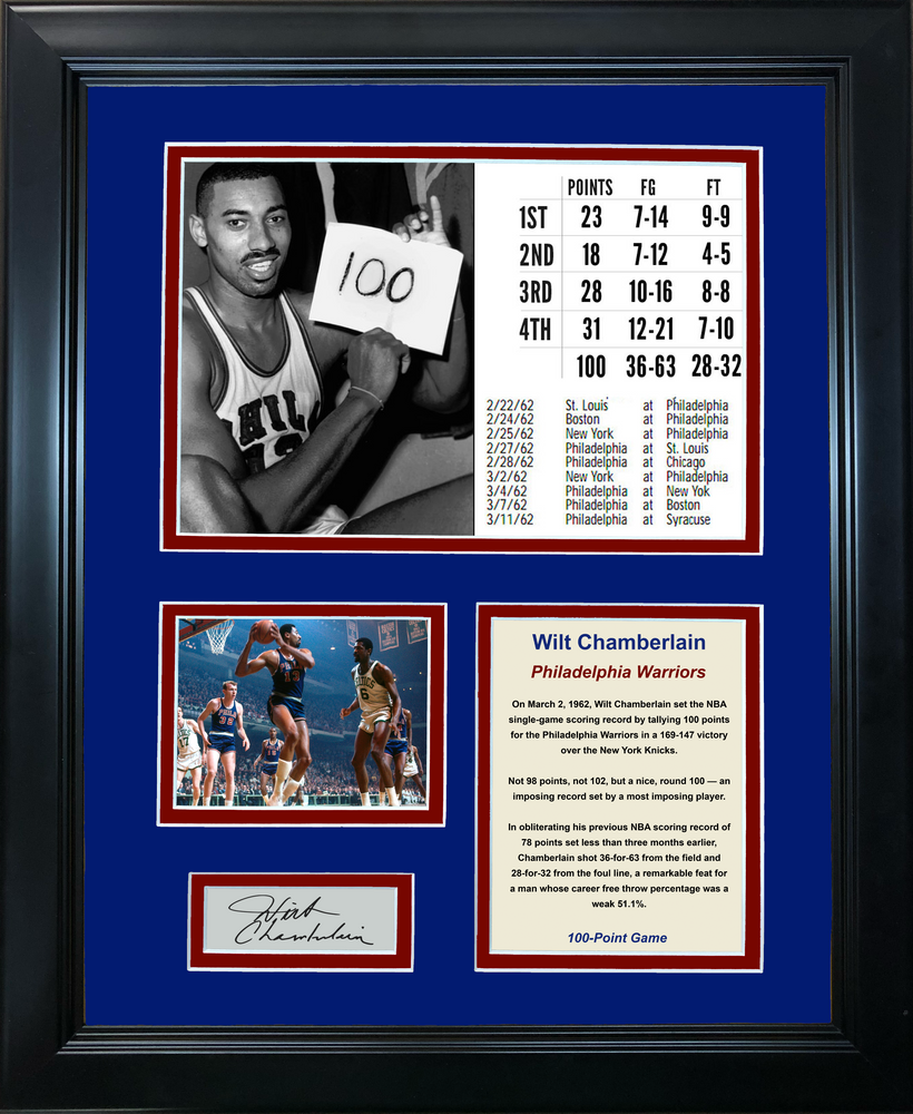 Framed Wilt Chamberlain 100 Point Game Facsimile Laser Engraved Signature Auto Philadelphia Warriors 11"x14" Photo Sig Collage (ONLINE ORDER ONLY)