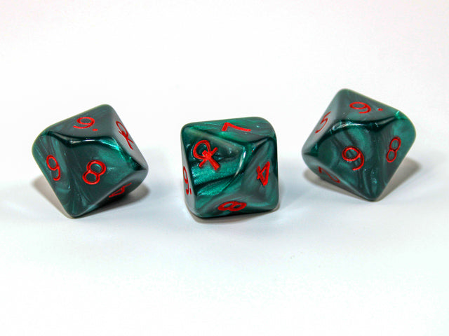 Pearlescent Ankh Numbered 2-10 w/Ankh on one side d10 Green/red numbers (Online Only)