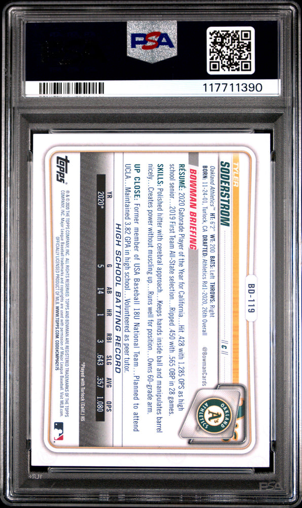 Graded 2020 Topps Bowman Draft Tyler Soderstrom #BD119 Rookie RC Baseball Card PSA 8 Near Mint (ONLINE ORDER ONLY)