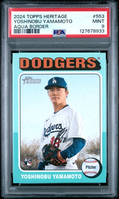Graded 2024 Topps Heritage Yoshinobu Yamamoto #553 Aqua Border Rookie RC Baseball Card PSA 9 Mint