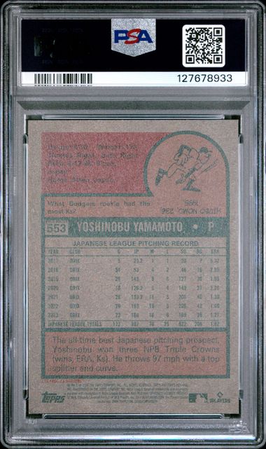 Graded 2024 Topps Heritage Yoshinobu Yamamoto #553 Aqua Border Rookie RC Baseball Card PSA 9 Mint