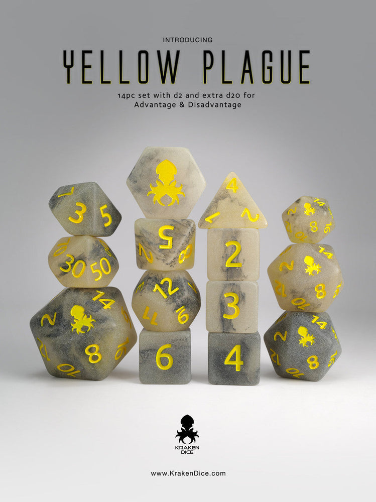 Kraken Dice Yellow Plague Glow in the Dark 14 pc Dice Set (ONLINE ORDER ONLY)