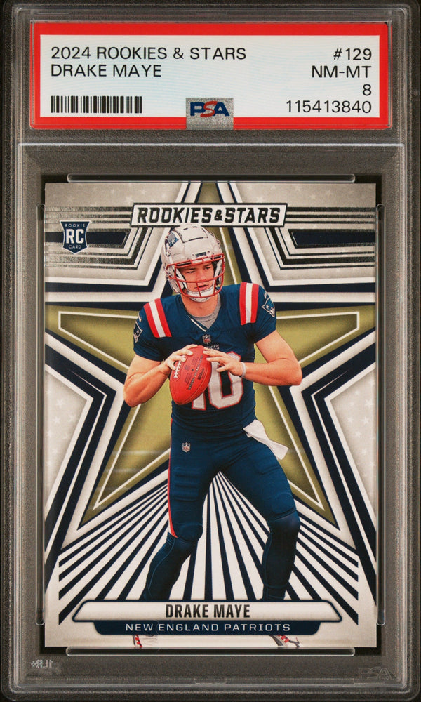 Graded 2024 Panini Rookies & Stars Drake Maye #129 Rookie RC Football Card PSA 8 Near Mint (ONLINE ORDER ONLY)